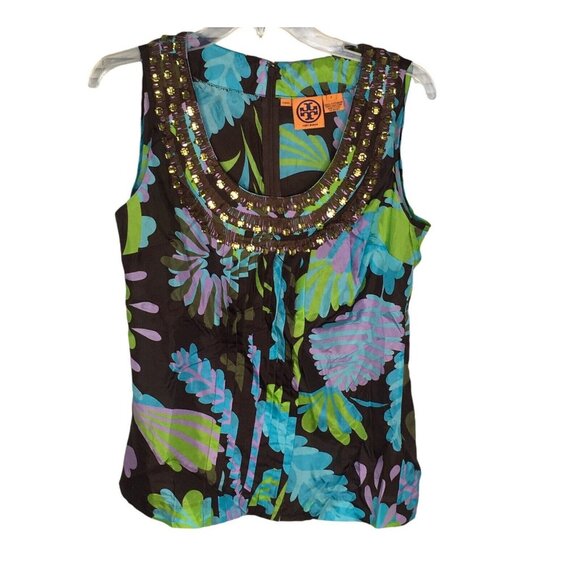 Tory Burch Silk  Blouse  Sleeveless Tank Size 8 Floral Tropical Vibrant - Picture 1 of 7